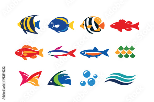 Two-Color vector icons of tropical fish: angelfish arc, tang fin curve, butterflyfish stripe, goby silhouette, reef perch,