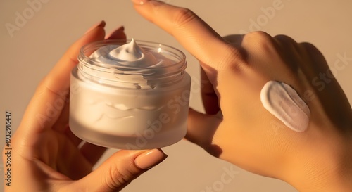 Jar of cosmetic cream held between hands with applied sample on skin close up