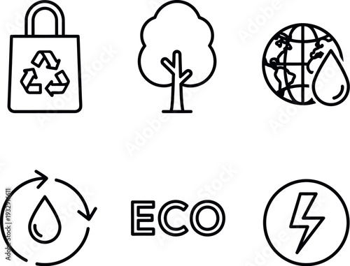 Collection of icons representing environmental sustainability and eco-friendly concepts
