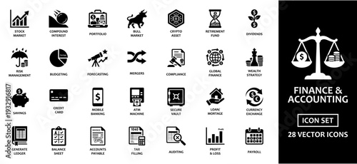 Finance and accounting icons set featuring twenty-eight professional black vector symbols for banking, investment, tax filing, and corporate management in a clean minimalist style.