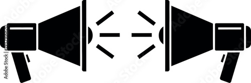 Two megaphones facing each other with sound waves in between them