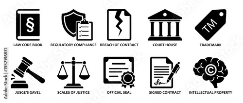 Law and justice icons featuring scales of justice, gavel, courthouse, and contract symbols in a flat black vector illustration style for legal services and compliance.