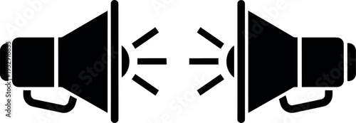 Two speakers facing each other with sound waves connecting them symbolizing communication or feedback.