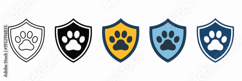 Pet insurance icon set multiple style collection, versatile icons featuring dogs, cats, shields, and paw prints in solid and line styles, editable vector illustrations