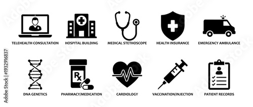 Medical and healthcare icon set featuring telehealth, hospital, and clinical symbols in a flat black vector style for professional healthcare website and application design.