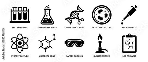 Science and laboratory icons set featuring flat vector illustrations of test tubes, flasks, DNA editing, and chemical symbols for medical research and educational design.