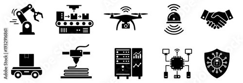 Industry 4.0 and smart manufacturing icon set featuring robotic arms, drones, 3D printing, and cybersecurity elements in a flat vector style for digital transformation projects.