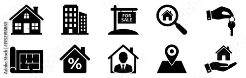 Real estate icon set including house, apartment, for sale sign, keys, and blueprint symbols in a flat black vector style for property marketing.