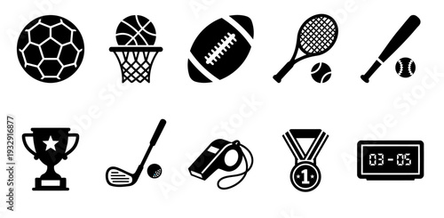 Sports icon set collection featuring athletic equipment like soccer balls, basketball hoops, and trophies designed in a minimalist flat vector style for professional game competition.