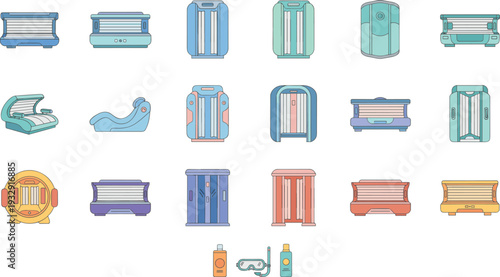 Tanning Bed and Solarium Equipment Icon Set Collection with UV Booths, Sunbed Machines, and Skincare Accessories for Beauty Salon Design