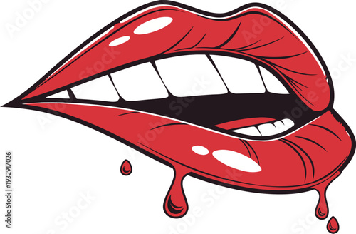 female lips with dripping red lip gloss and white teeth on an isolated background. Close up of glossy red lips with a drop of red liquid dripping from the lower lip against a white background.