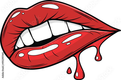 female lips with dripping red lip gloss and white teeth on an isolated background. Close up of glossy red lips with a drop of red liquid dripping from the lower lip against a white background.