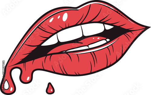 female lips with dripping red lip gloss and white teeth on an isolated background. Close up of glossy red lips with a drop of red liquid dripping from the lower lip against a white background.