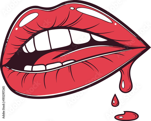 female lips with dripping red lip gloss and white teeth on an isolated background. Close up of glossy red lips with a drop of red liquid dripping from the lower lip against a white background.