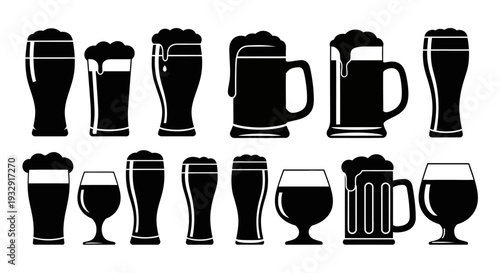 Assorted beer glasses and mugs filled with frothy beverages displayed in a grid pattern