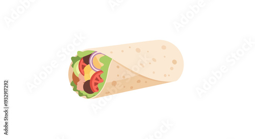 A vibrant burrito wrapped in a tortilla, showcasing its colorful fillings from a close-up viewpoint