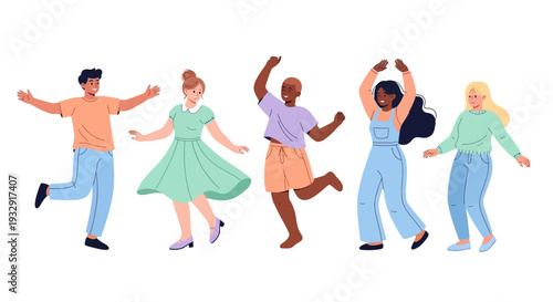 Group of diverse people dancing and celebrating together in a lively outdoor setting viewed from a slight aerial perspective