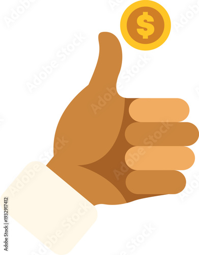 Hand showing thumbs up gesture while dollar coin floats above, symbolizing financial approval or success