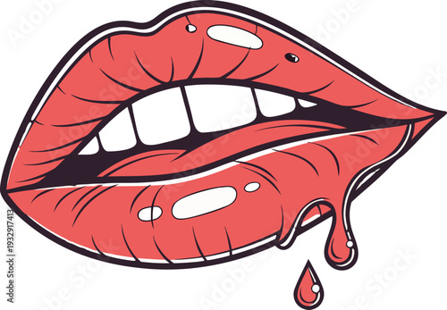 female lips with dripping red lip gloss and white teeth on an isolated background. Close up of glossy red lips with a drop of red liquid dripping from the lower lip against a white background.