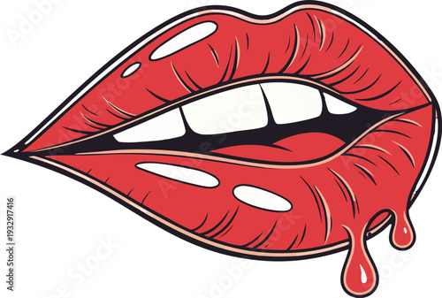 female lips with dripping red lip gloss and white teeth on an isolated background. Close up of glossy red lips with a drop of red liquid dripping from the lower lip against a white background.