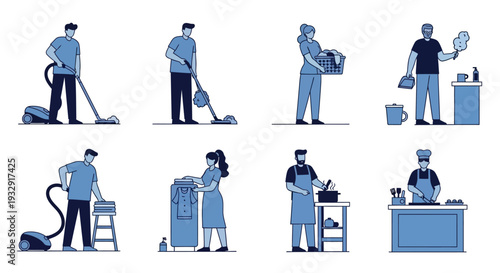 People engaging in various household chores and cleaning tasks in different rooms and settings.