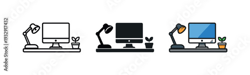 Corporate environment context represented by a workstation icon featuring a screen and organized layout to suggest efficient