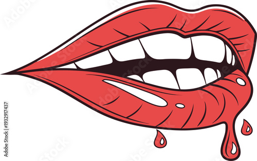 female lips with dripping red lip gloss and white teeth on an isolated background. Close up of glossy red lips with a drop of red liquid dripping from the lower lip against a white background.