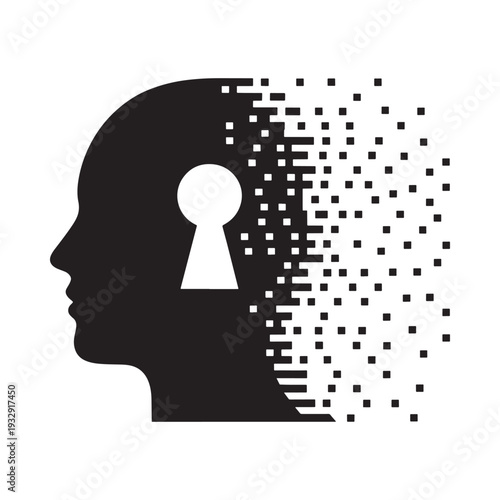 Digital mind a human head profile dissolving into pixelated squares