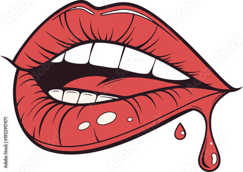 female lips with dripping red lip gloss and white teeth on an isolated background. Close up of glossy red lips with a drop of red liquid dripping from the lower lip against a white background.