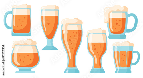 Assorted beer glasses and mugs filled with frothy beverages displayed together in a graphic illustration