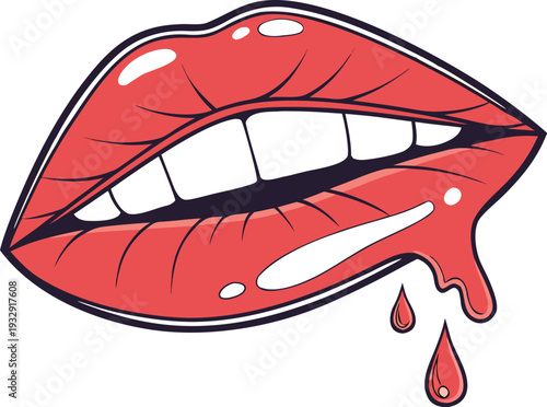 female lips with dripping red lip gloss and white teeth on an isolated background. Close up of glossy red lips with a drop of red liquid dripping from the lower lip against a white background.