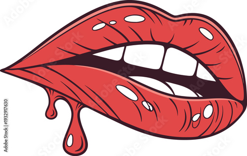 female lips with dripping red lip gloss and white teeth on an isolated background. Close up of glossy red lips with a drop of red liquid dripping from the lower lip against a white background.