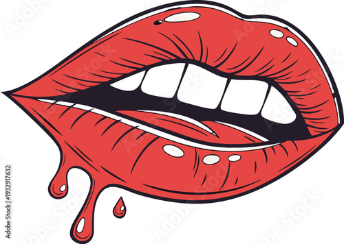 female lips with dripping red lip gloss and white teeth on an isolated background. Close up of glossy red lips with a drop of red liquid dripping from the lower lip against a white background.