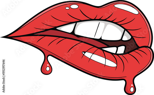female lips with dripping red lip gloss and white teeth on an isolated background. Close up of glossy red lips with a drop of red liquid dripping from the lower lip against a white background.
