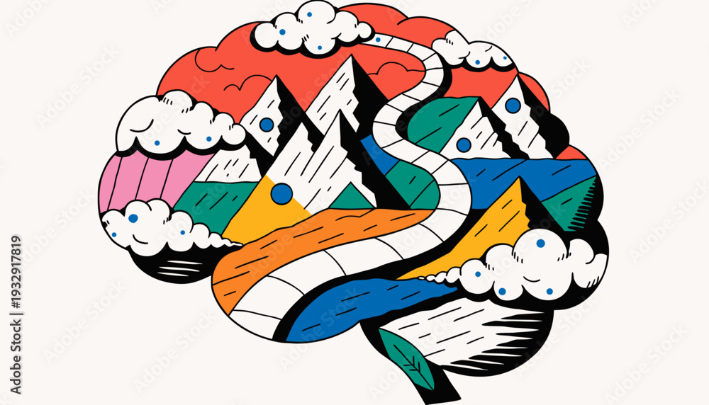 Obraz premium A colorful and imaginative illustration of a human brain integrates abstract landscape features like mountains, rivers, and roads, symbolizing complex thought processes and mind exploration.