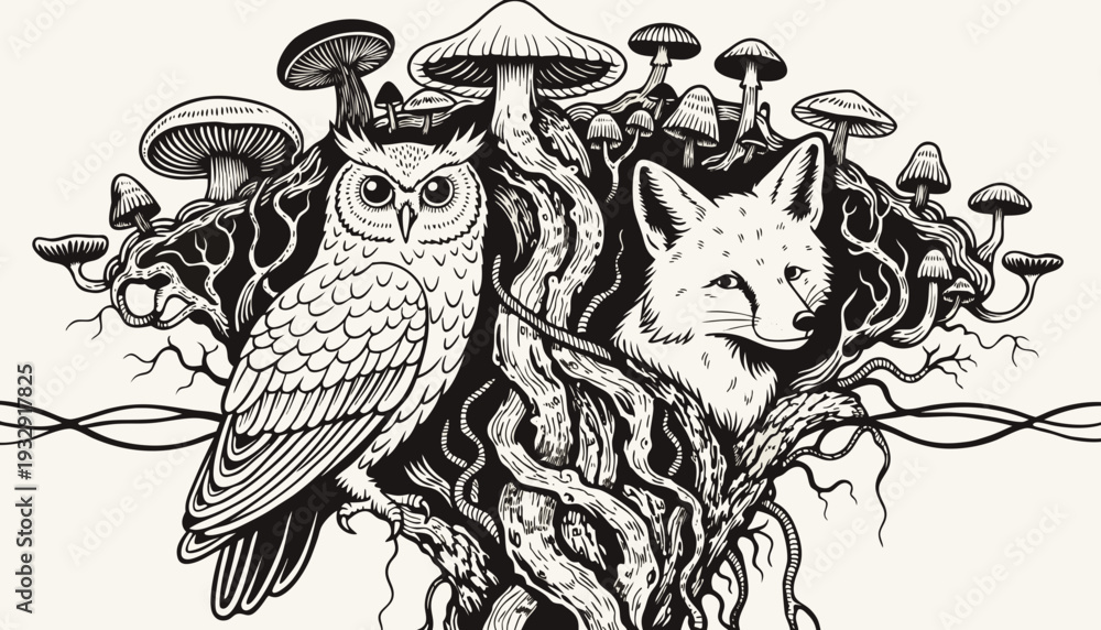 Fototapeta premium An intricately detailed black and white illustration portrays a wise owl and a cunning fox emerging from a dense, interwoven forest of mushrooms and gnarled roots.
