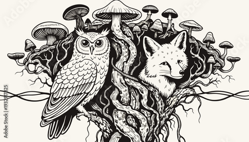 An intricately detailed black and white illustration portrays a wise owl and a cunning fox emerging from a dense, interwoven forest of mushrooms and gnarled roots.