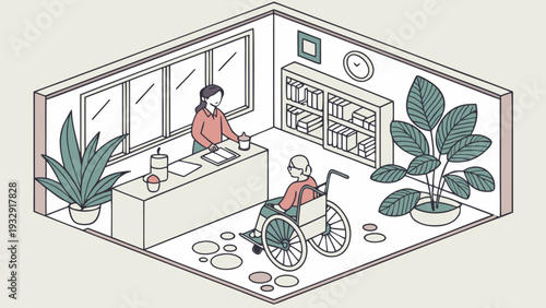 A friendly female receptionist assists an elderly woman in a wheelchair at a modern medical office or accessible service center, shown from an isometric perspective.