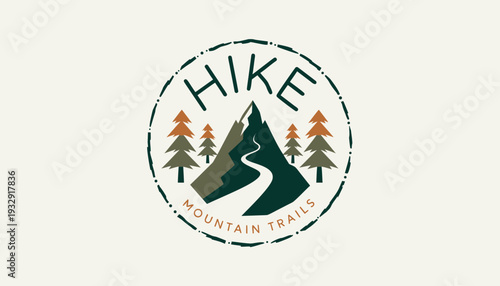 A vintage-inspired circular logo design proudly features a winding trail leading up a majestic mountain peak, flanked by stylized evergreen trees, with "HIKE MOUNTAIN TRAILS" text prominently displaye