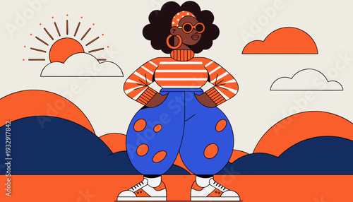 A confident and stylish black woman with curly hair and sunglasses stands proudly with hands on hips, set against a vibrant, stylized landscape with a rising sun and abstract clouds.