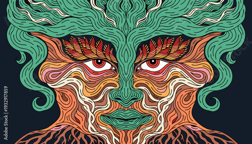 An captivating abstract and richly colorful face emerges with intricate patterns, featuring green hair that strikingly resembles flowing leaves and deep, earthy roots, on a dark background.