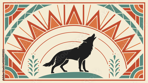 A powerful silhouette of a howling wolf is beautifully centered within a semi-circular, intricately patterned border, reminiscent of tribal or Southwestern artistic motifs with earthy colors.