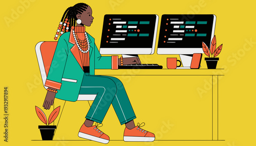 A focused and stylish Black woman with dreadlocks sits comfortably at a desk, diligently working on two computer monitors in a vibrant, stylized office environment with modern decor.