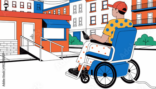 A person in a blue wheelchair navigates a city street, approaching a building with an accessible ramp, illustrating themes of urban mobility, independence, and inclusive design in a contemporary setti