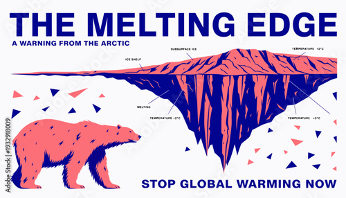 A stark visual warning against global warming features a coral-colored polar bear alongside a large, melting blue iceberg, with scientific annotations and a clear call to action: 'Stop Global Warming 