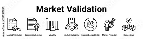 Market Validation web banner icon vector illustration concept for business with icon of Market Validation, Segment Validation, Viability, Market Suitability, Market Compatibility, Market Precision,.