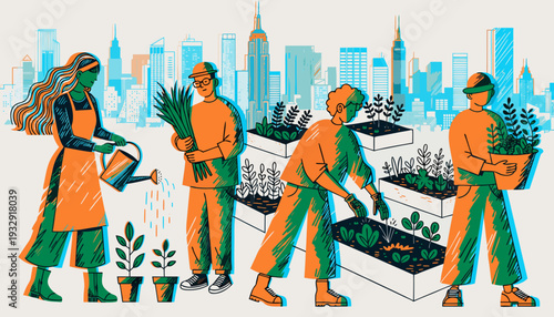 A diverse group of urban gardeners diligently tends to raised garden beds with a modern city skyline in the background, showcasing sustainable practices and community green initiatives in an metropoli