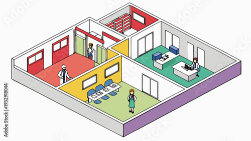 An isometric illustration provides a clear and detailed overview of a medical facility's floor plan, depicting various functional rooms like offices, examination areas, and a meeting space, complete w
