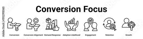 Conversion Focus web banner icon vector illustration concept for business with icon of Conversion, Conversion Alignment, Demand Response, Adoption Likelihood, Engagement, Retention,.