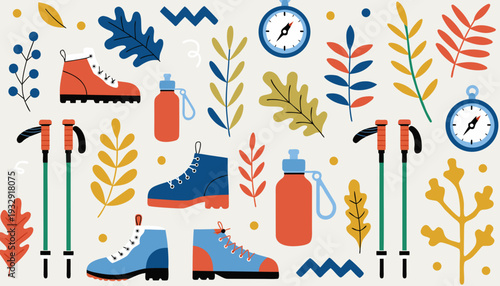 A charming and colorful seamless pattern displays a playful assortment of hiking and outdoor gear, including boots, water bottles, and trekking poles, interspersed with stylized leaves and compasses o